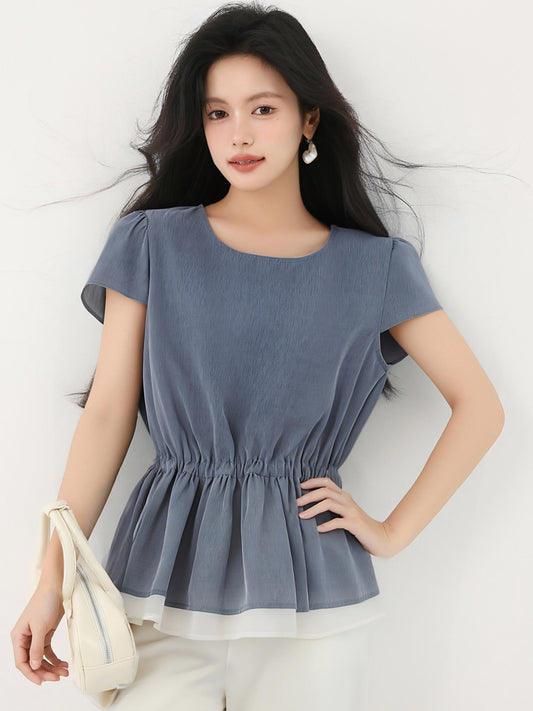 ラウンドネックレースアップウエストシャツ