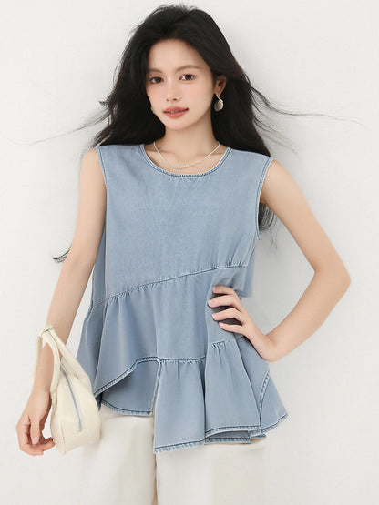 韓国フリルノースリーブデニムシャツ