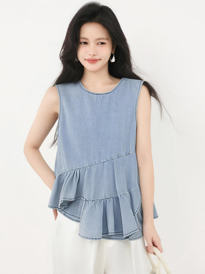 韓国フリルノースリーブデニムシャツ