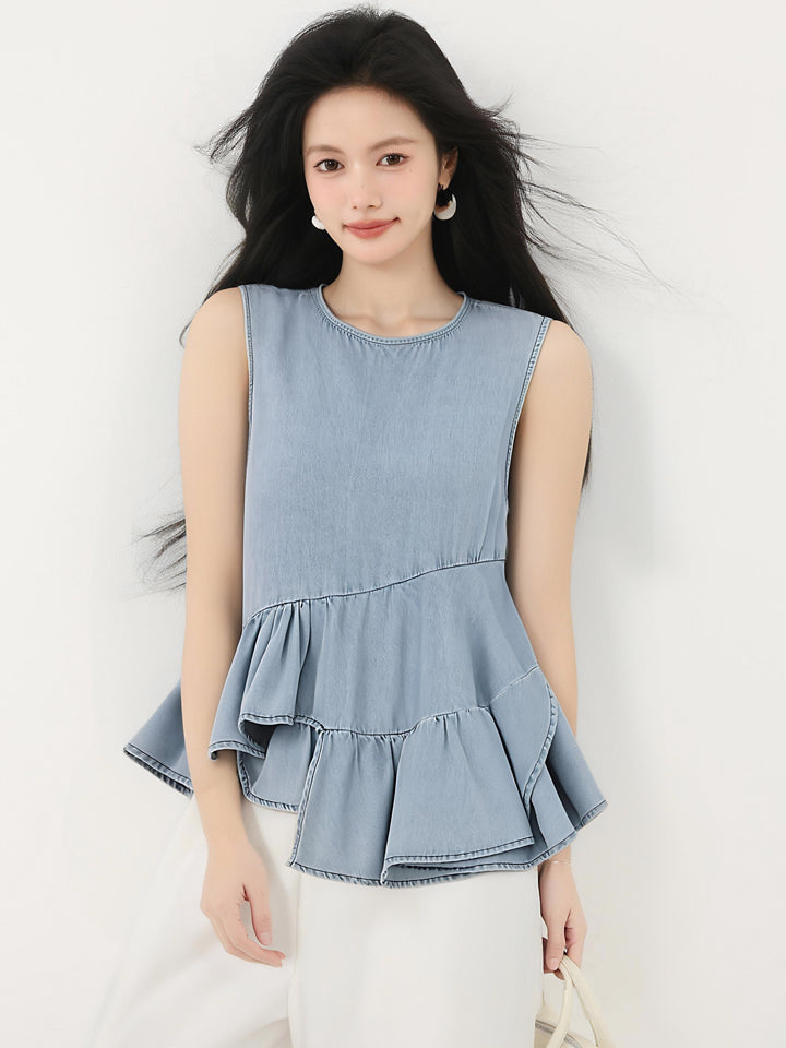 韓国フリルノースリーブデニムシャツ