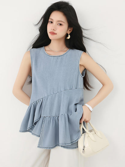 韓国フリルノースリーブデニムシャツ