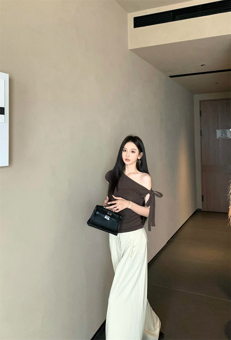 斜めショルダー半袖Tシャツパンツセット