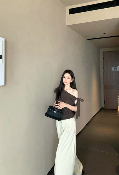 斜めショルダー半袖Tシャツパンツセット