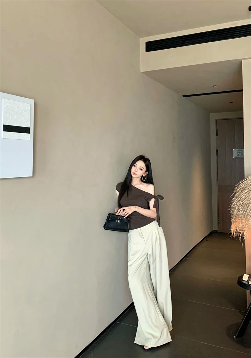 斜めショルダー半袖Tシャツパンツセット