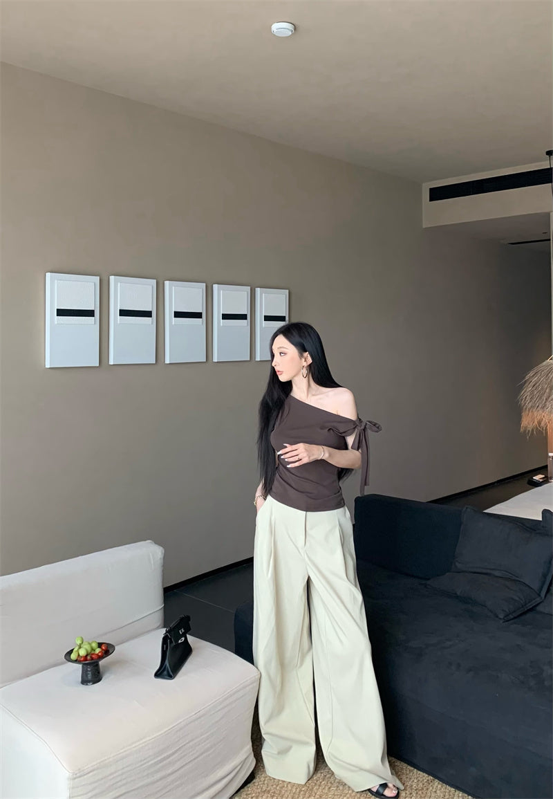 斜めショルダー半袖Tシャツパンツセット