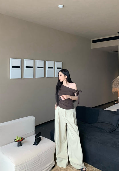 斜めショルダー半袖Tシャツパンツセット