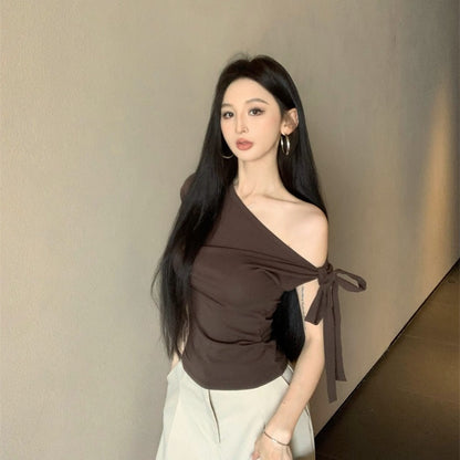 斜めショルダー半袖Tシャツパンツセット