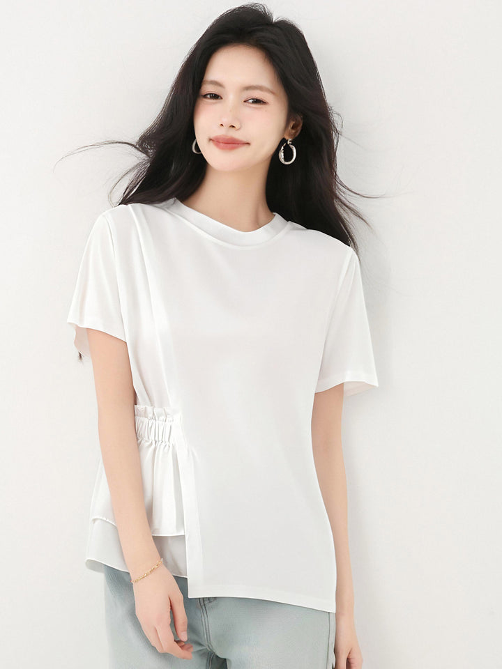 ラウンドネックホワイト半袖シャツ