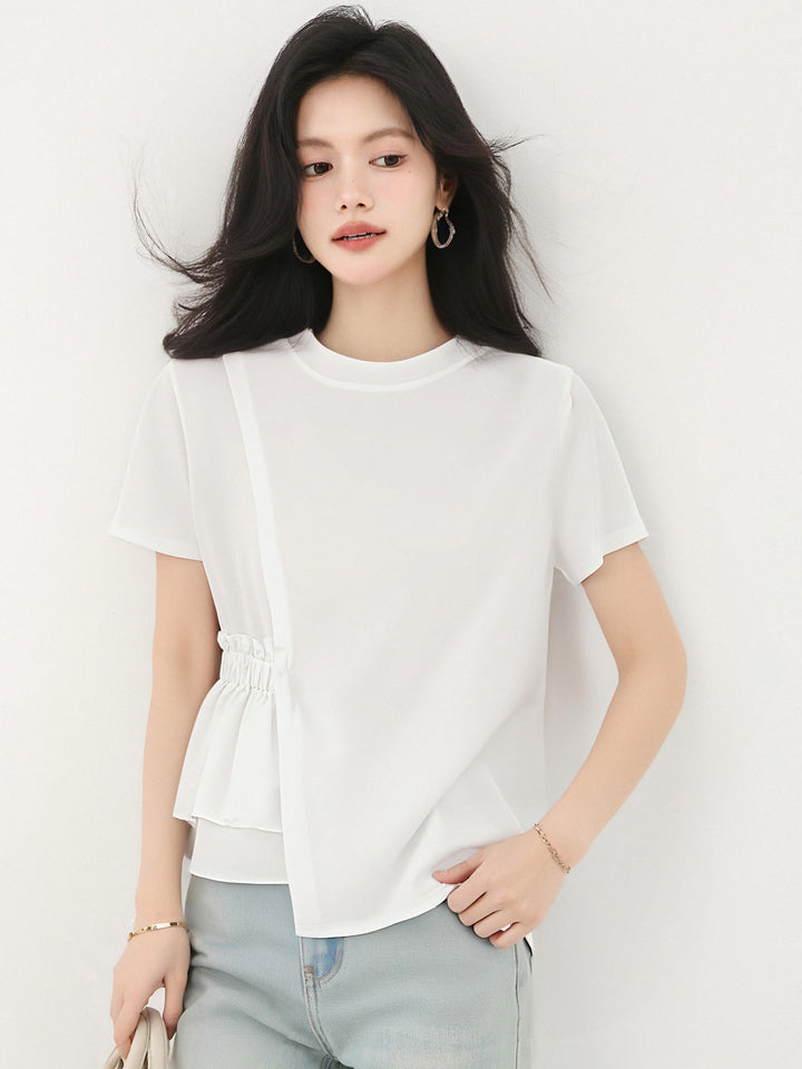 ラウンドネックホワイト半袖シャツ