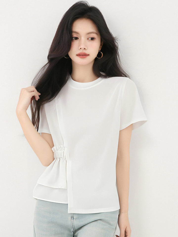 ラウンドネックホワイト半袖シャツ