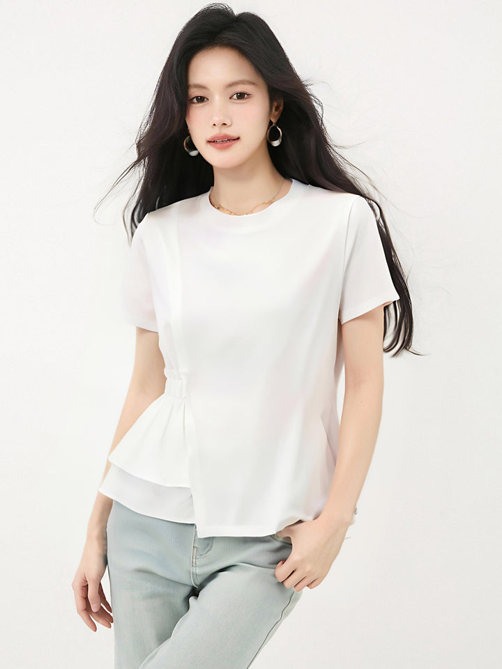 ラウンドネックホワイト半袖シャツ