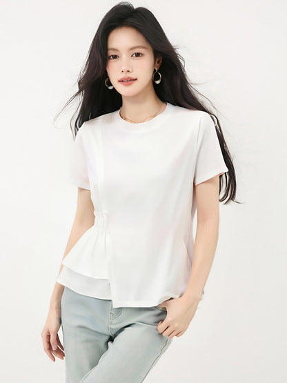 ラウンドネックホワイト半袖シャツ