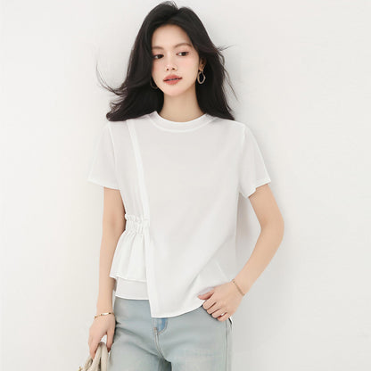 ラウンドネックホワイト半袖シャツ