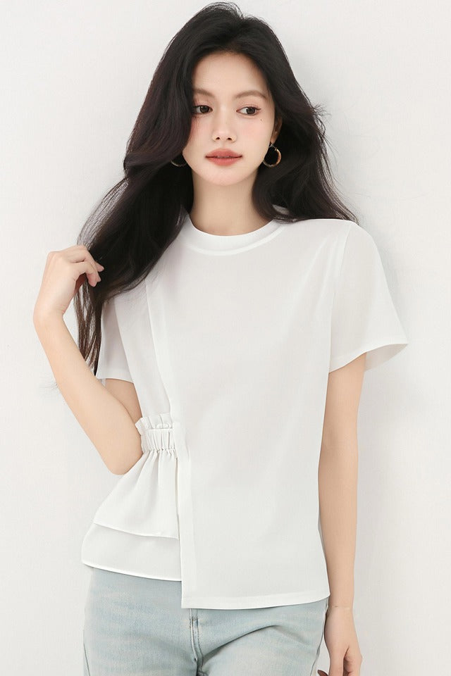 ラウンドネックホワイト半袖シャツ