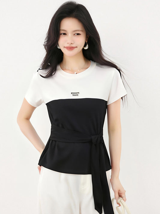 コントラストカラーパッチワーク半袖Tシャ