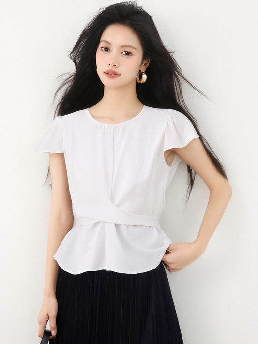 ストラップウエストホワイト半袖シャツ