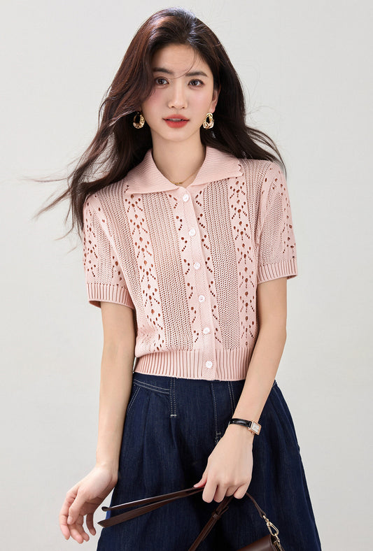 スモールラペルニット半袖トップ