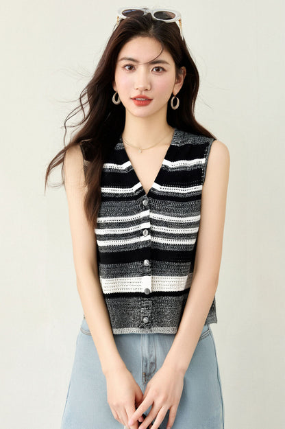 Vネックストライプコットンベスト