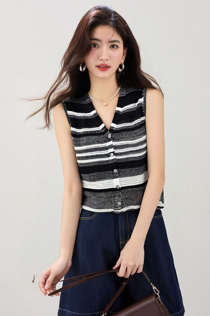 Vネックストライプコットンベスト