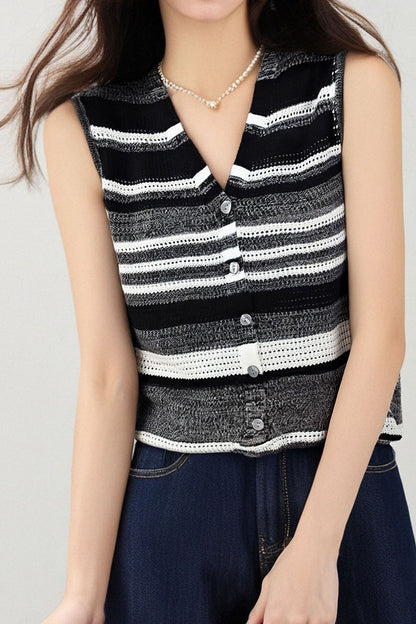 Vネックストライプコットンベスト