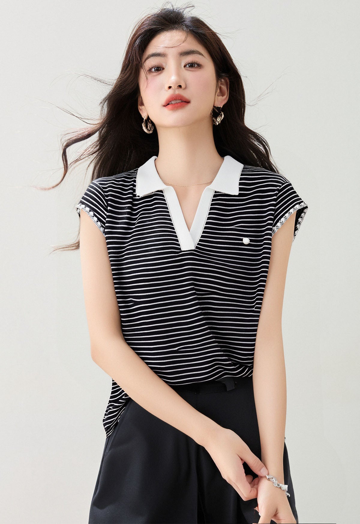 コントラストストライプポロネック半袖Tシャツ