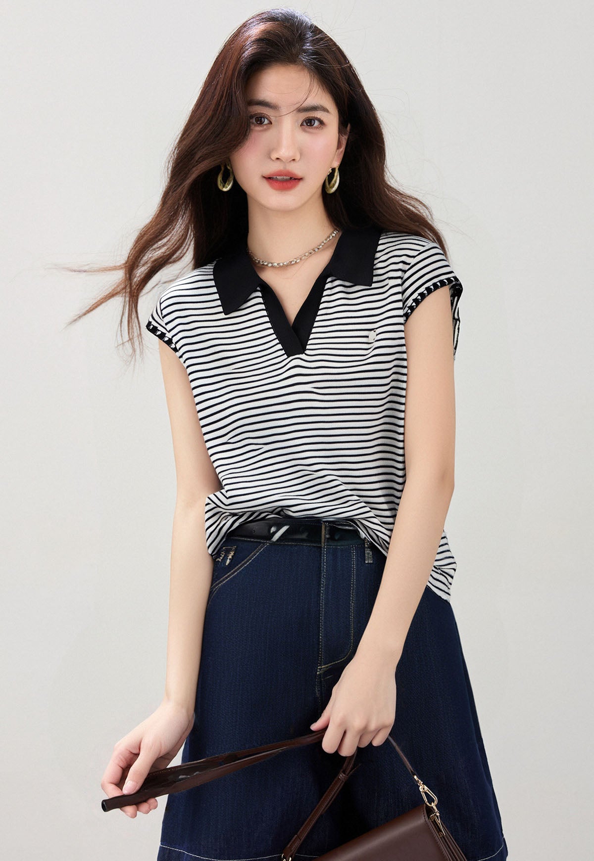 コントラストストライプポロネック半袖Tシャツ