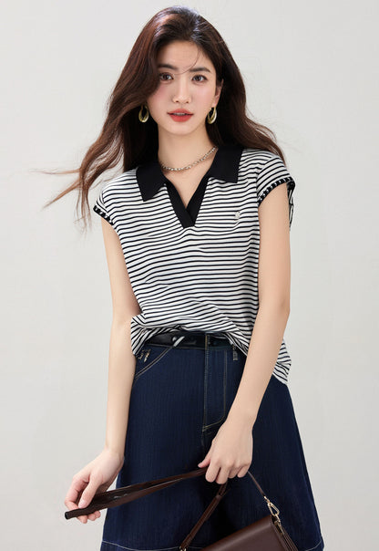 コントラストストライプポロネック半袖Tシャツ