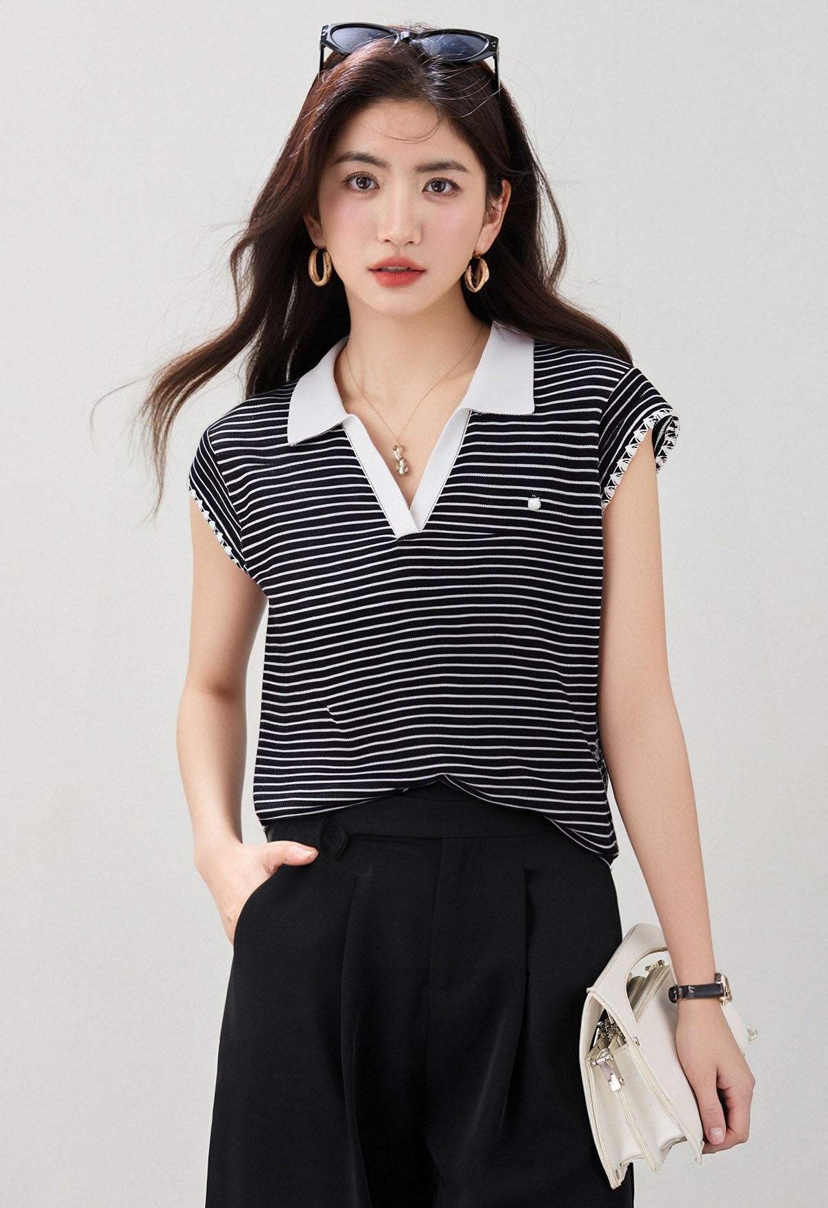 コントラストストライプポロネック半袖Tシャツ