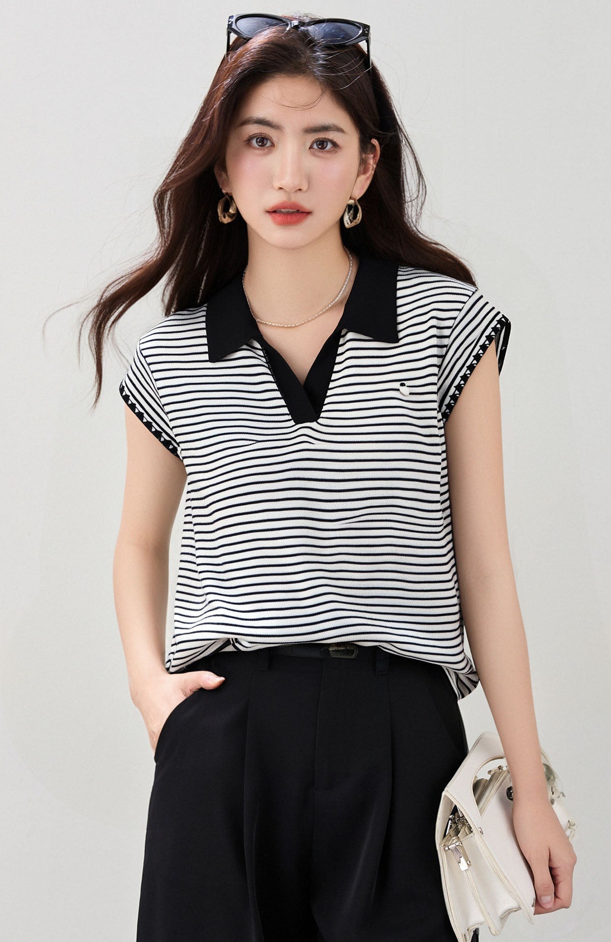 コントラストストライプポロネック半袖Tシャツ