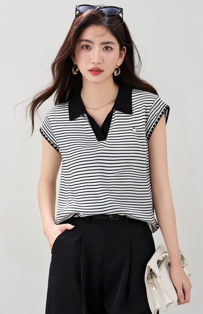 コントラストストライプポロネック半袖Tシャツ