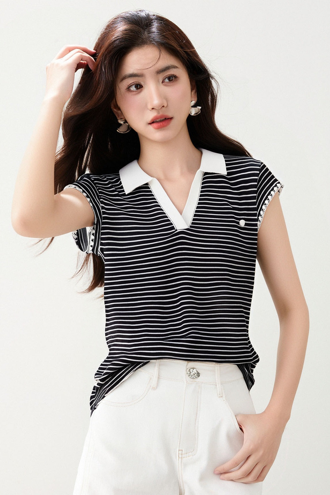 コントラストストライプポロネック半袖Tシャツ