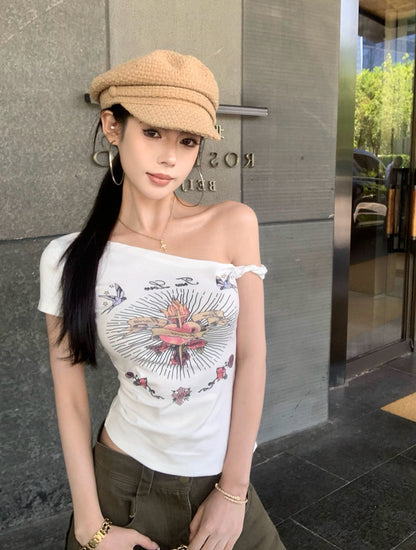 プリント斜めショルダー半袖Tシャツ