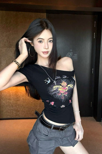 プリント斜めショルダー半袖Tシャツ