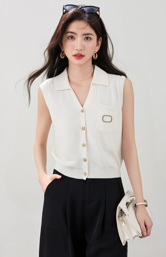 Vネッククールニット半袖夏トップ