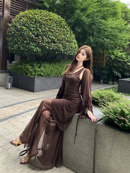 Vネックメッシュスドレス+日焼け止めカーディガン