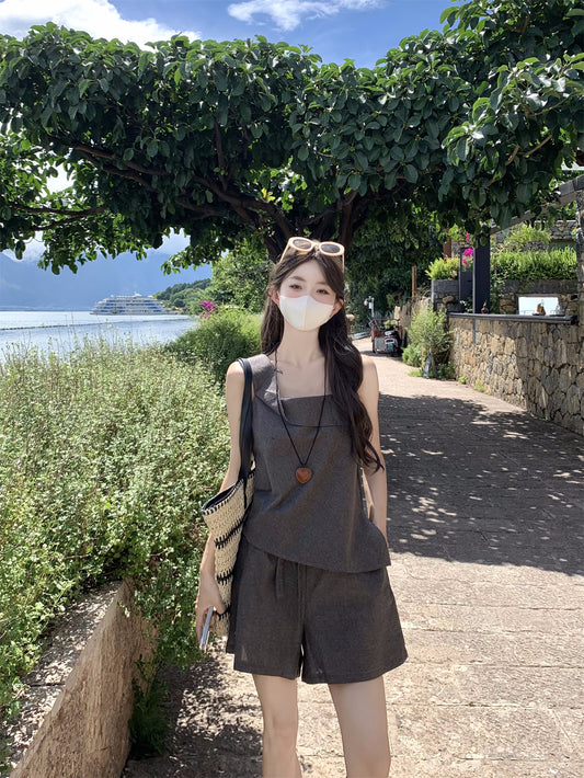 カジュアルレースアップショーツツーピースセット