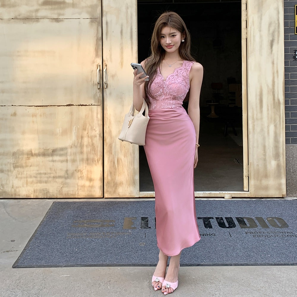 D4 Vネックハイエンドレースドレス