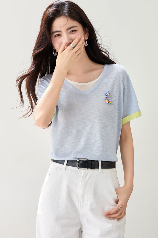 韓国Vネックピエロ飾り半袖Tシャツ