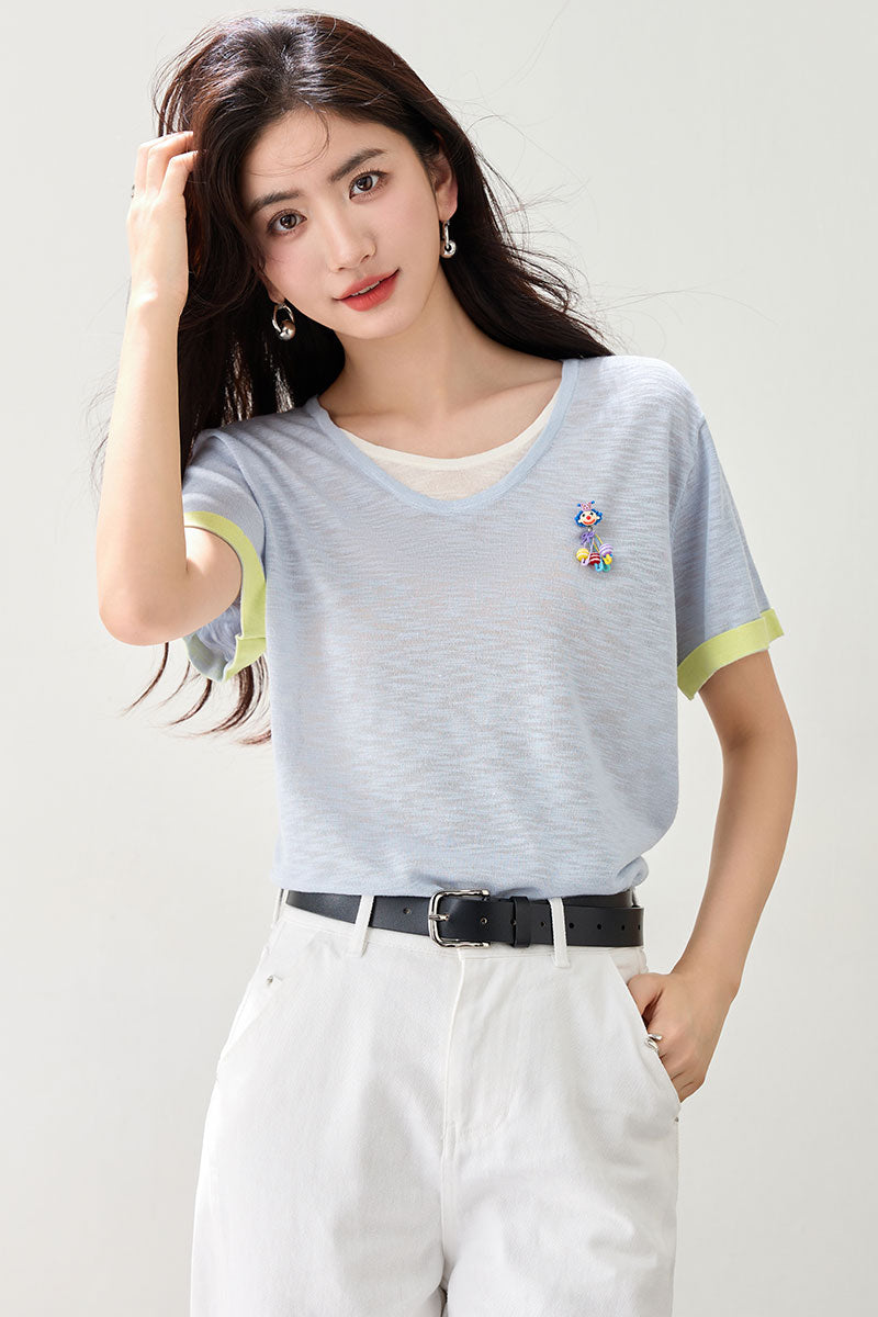 韓国Vネックピエロ飾り半袖Tシャツ