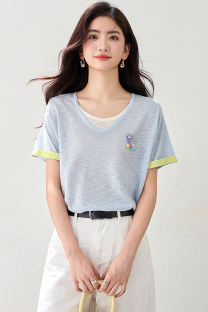 韓国Vネックピエロ飾り半袖Tシャツ