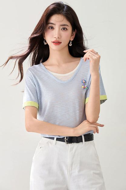 韓国Vネックピエロ飾り半袖Tシャツ