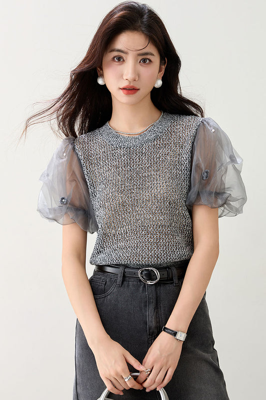 サマーグレーパッチワーク半袖トップス