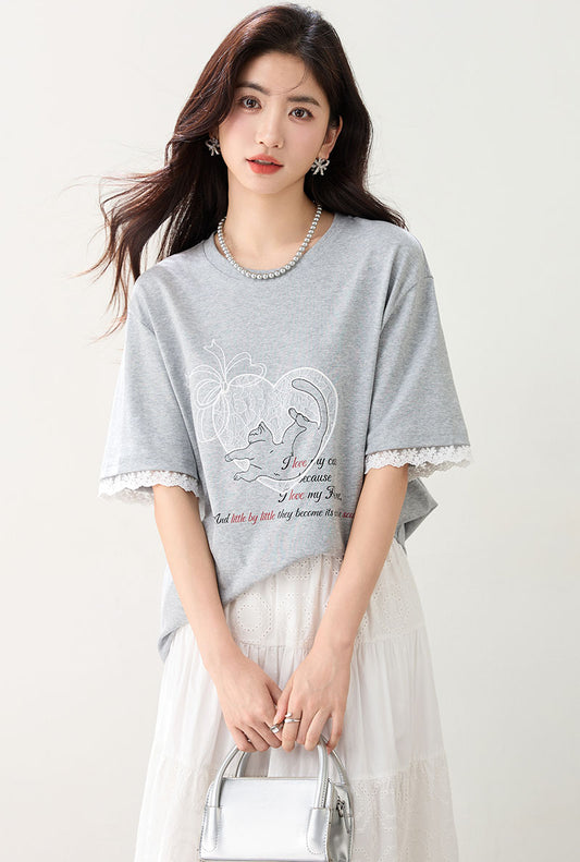 パッチワークレースデザインTシャツ