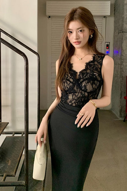 D4 Vネックハイエンドレースドレス