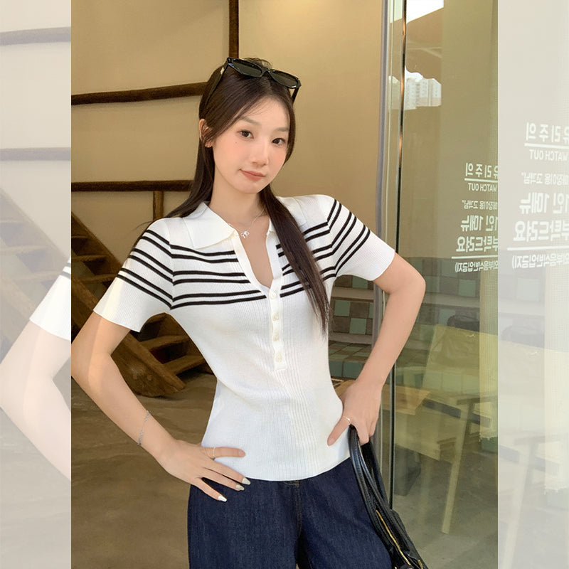 韓国スリムフィットストライプトップ