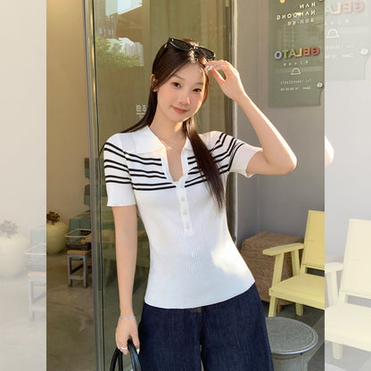 韓国スリムフィットストライプトップ