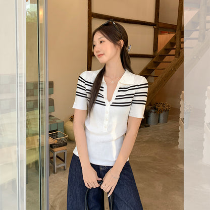 韓国スリムフィットストライプトップ