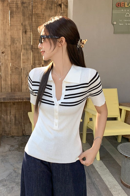 韓国スリムフィットストライプトップ