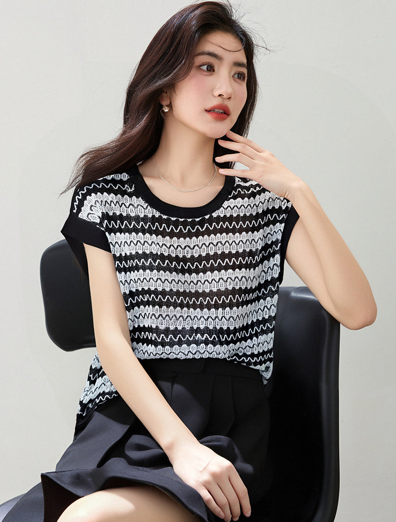 ストライプ半袖ニットトップ