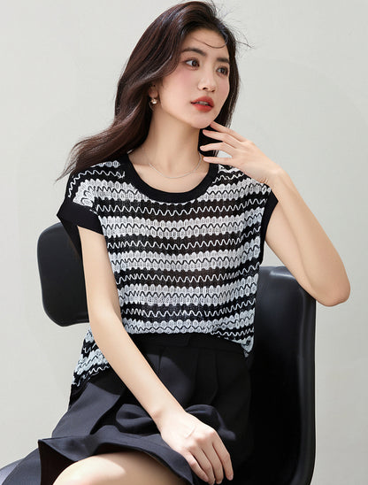 ストライプ半袖ニットトップ